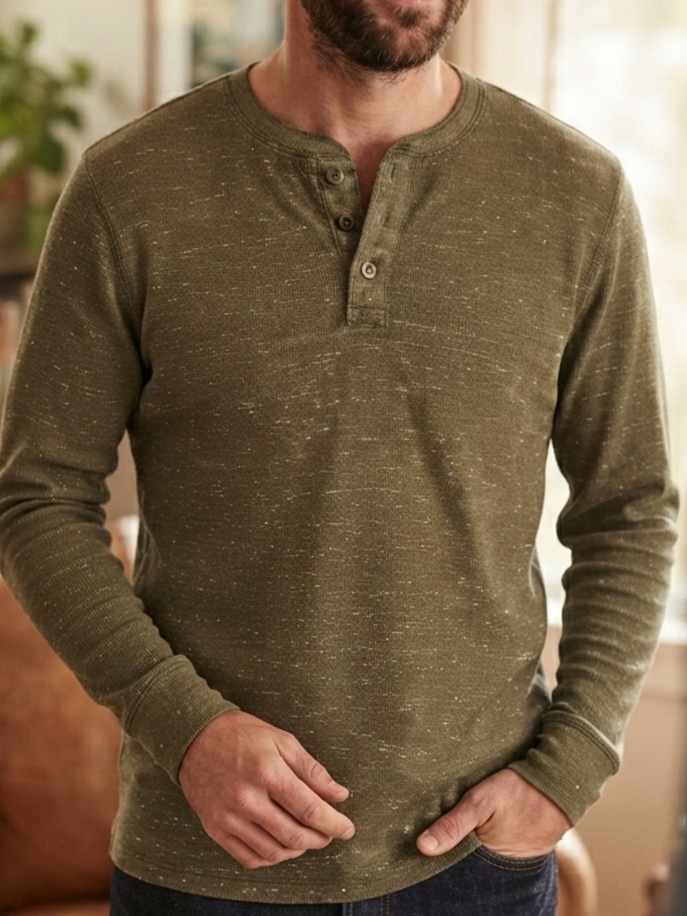 EUC Sonoma Olive Green Ribbed Thermal Top Mens Large L Knit Pullover Long Sleeve